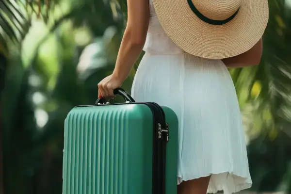 Mulher segurando mala azul e usando vestido