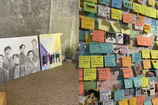 Interior de café temático BTS em Gangnam com quadros e post-its de fãs