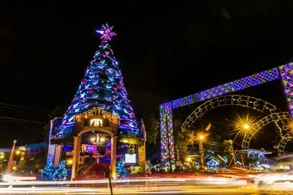 Árvore de Natal gigante iluminada em Gramado ao lado de um portal decorado com luzes coloridas em noite de movimento.