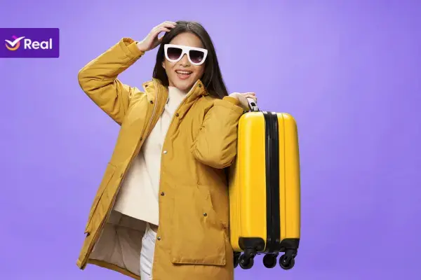 Mulher jovem e sorridente posando em estúdio com fundo roxo. Ela usa um casaco de inverno amarelo mostarda e óculos de sol brancos grandes, enquanto segura uma mala de viagem rígida também na cor amarela.