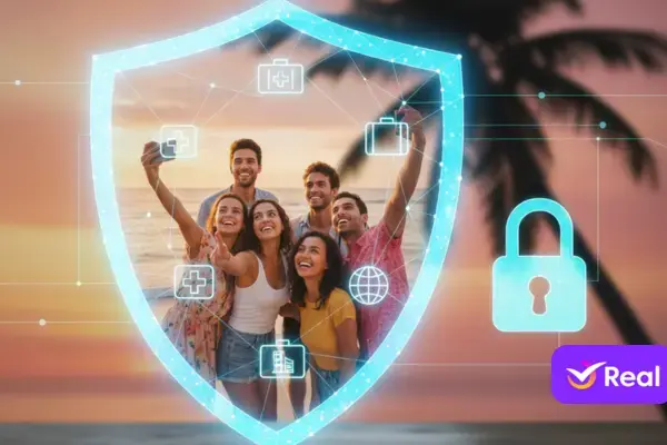 A imagem é uma composição visual que evoca a ideia de segurança e tranquilidade durante uma viagem. No centro da imagem, um grande escudo em tom de azul vibrante e com um efeito neon/poligonal se destaca. Dentro deste escudo, há vários ícones que representam diferentes aspectos de uma viagem e suas proteções: Um sinal de cruz (símbolo médico) Uma mala Uma bolsa de viagem ou bagagem Um globo terrestre (simbolizando viagem internacional) Um edifício (possivelmente hotel ou acomodação) Atrás do escudo, em um fundo desfocado, há uma cena de praia ao pôr do sol ou nascer do sol. Várias pessoas jovens e sorridentes estão juntas, tirando uma selfie ou simplesmente aproveitando a paisagem, transmitindo alegria e descontração. Uma palmeira é visível ao fundo, reforçando o ambiente tropical. À direita do escudo, há um grande ícone de cadeado na mesma tonalidade azul vibrante e com o mesmo efeito poligonal, reforçando a ideia de segurança e proteção. Em primeiro plano, sobre uma superfície de madeira texturizada, encontram-se um passaporte azul (ligeiramente aberto) e um cartão de crédito dourado. Esses elementos representam os itens essenciais para qualquer viajante. A iluminação geral é quente e convidativa, com o brilho azul dos elementos gráficos contrastando com os tons alaranjados do céu ao fundo. A imagem combina a representação da viagem (pessoas, praia, passaporte) com a garantia de segurança (escudo, cadeado, ícones de proteção).