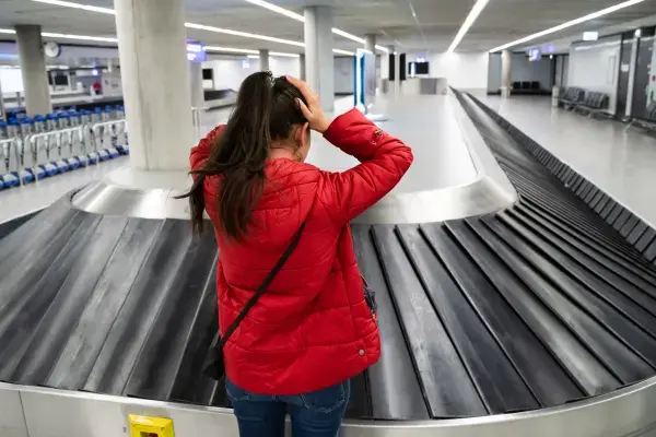 Passageira de casaco vermelho diante de esteira vazia após extravio de bagagem