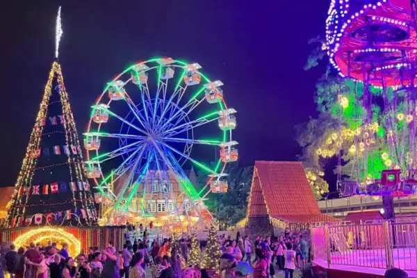 Roda gigante iluminada ao lado de árvore de Natal decorada durante o evento em Blumenau, com pessoas caminhando pelo espaço noturno.