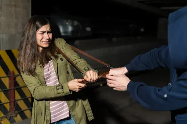 Mulher tendo sua bolsa roubada por assaltante em área de estacionamento durante viagem