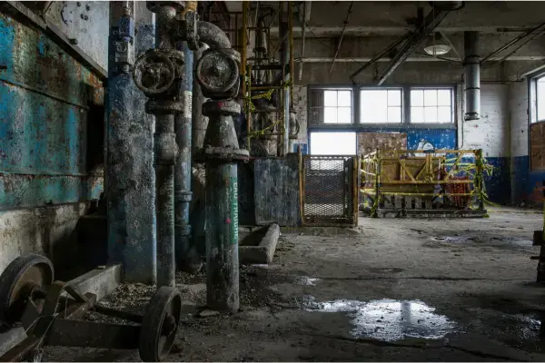 Interior de fábrica abandonada com tubulações antigas, paredes descascadas e marcas do tempo.