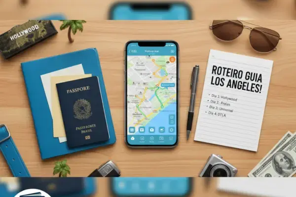 Ilustração de um guia roteiro para Los Angeles, com um mapa no centro cercado por ícones do letreiro de Hollywood, Píer de Santa Monica e palmeiras, simbolizando o planejamento de viagem para a Califórnia.