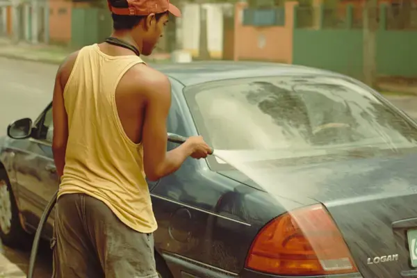 homem de camisa regata amarela, lavando o carro