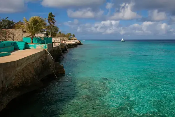 Costa rochosa de Bonaire com escadas de acesso ao mar e água transparente