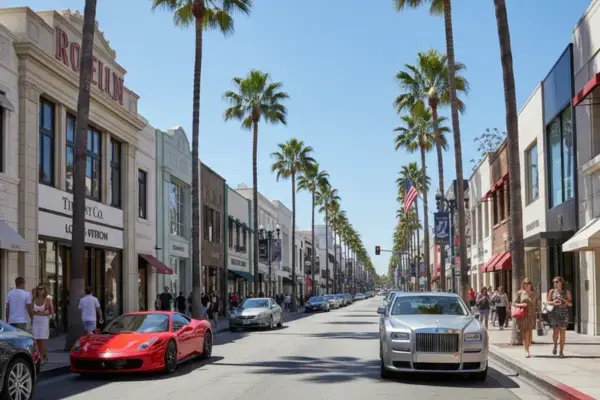 Fotografia da rua Rodeo Drive em Beverly Hills, com fachadas de lojas de grife, palmeiras e arquitetura elegante sob um céu ensolarado, representando o luxo e as compras em Los Angeles.