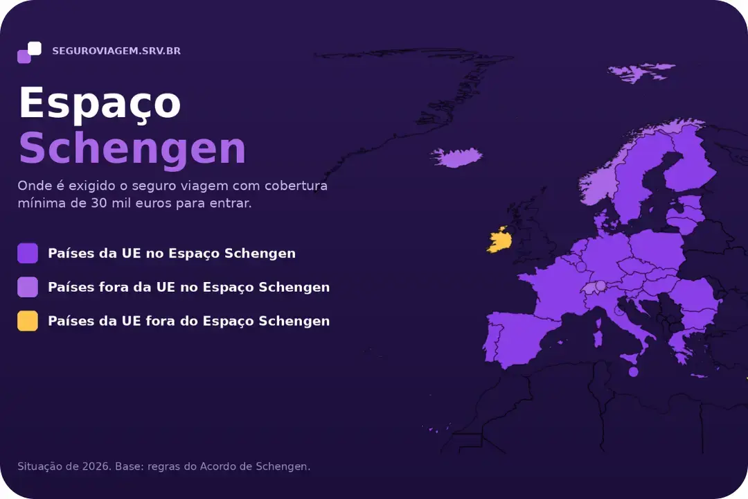 Mapa do Espaço Schengen com os países que exigem seguro viagem na entrada