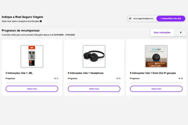 Tela do programa de indicações da Real Seguro Viagem com recompensas por número de indicações realizadas.
