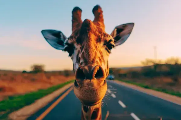 girafa olhando para o carro