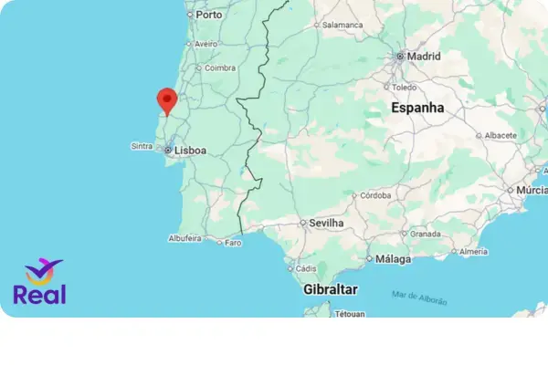 Mapa mundo e um pin vermelho mostrando onde óbidos está localizado.