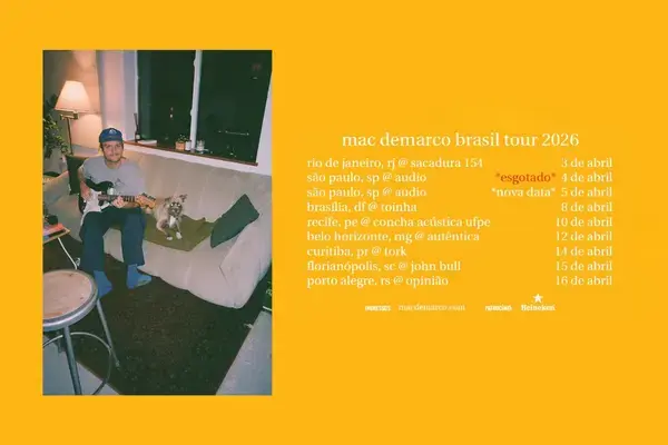 Cartaz da turnê de Mac DeMarco no Brasil em 2026 com datas e cidades.